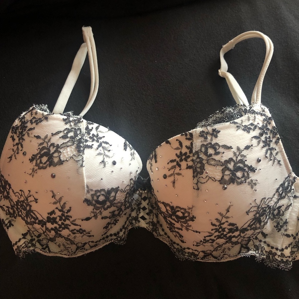 Black and white lace bra with rhinestones